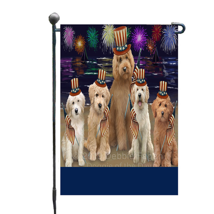 Personalized 4th of July Firework Goldendoodle Dogs Custom Garden Flags GFLG-DOTD-A57924