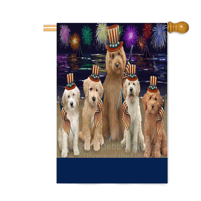 Personalized 4th of July Firework Goldendoodle Dogs Custom House Flag FLG-DOTD-A57980
