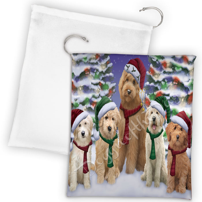Goldendoodle Dogs Christmas Family Portrait in Holiday Scenic Background Drawstring Laundry or Gift Bag LGB48146