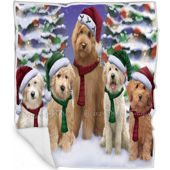 Goldendoodles Dog Christmas Family Portrait in Holiday Scenic Background  Blanket BLNKT90696