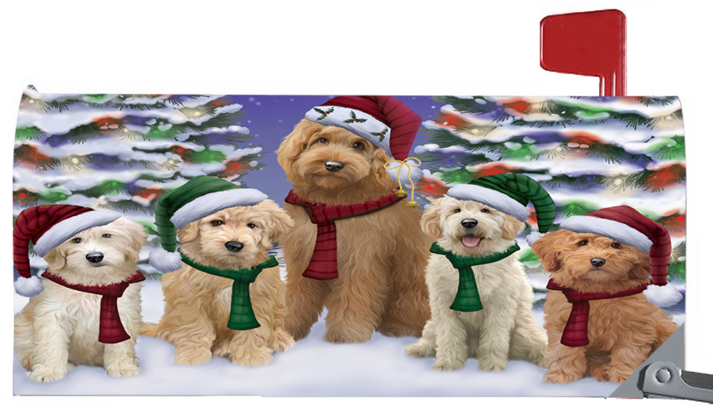 Magnetic Mailbox Cover Goldendoodles Dog Christmas Family Portrait in Holiday Scenic Background MBC48226