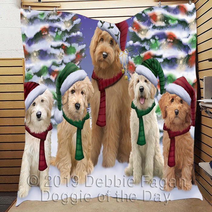 Goldendoodle Dogs Christmas Family Portrait in Holiday Scenic Background Quilt