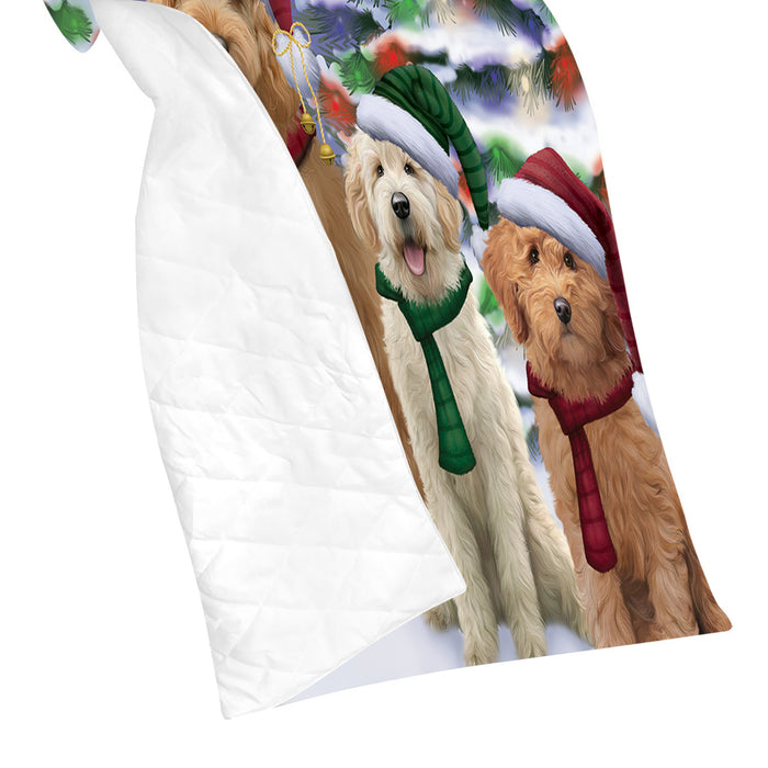Goldendoodle Dogs Christmas Family Portrait in Holiday Scenic Background Quilt