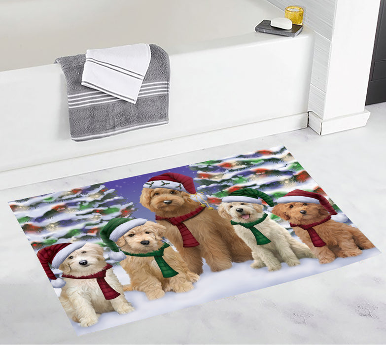Goldendoodle Dogs Christmas Family Portrait in Holiday Scenic Background Bath Mat