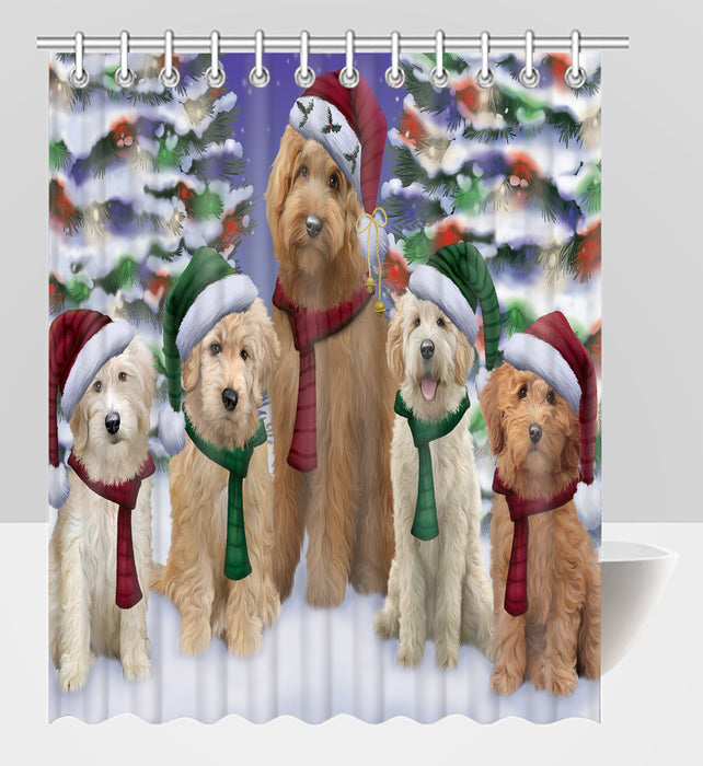Goldendoodle Dogs Christmas Family Portrait in Holiday Scenic Background Shower Curtain