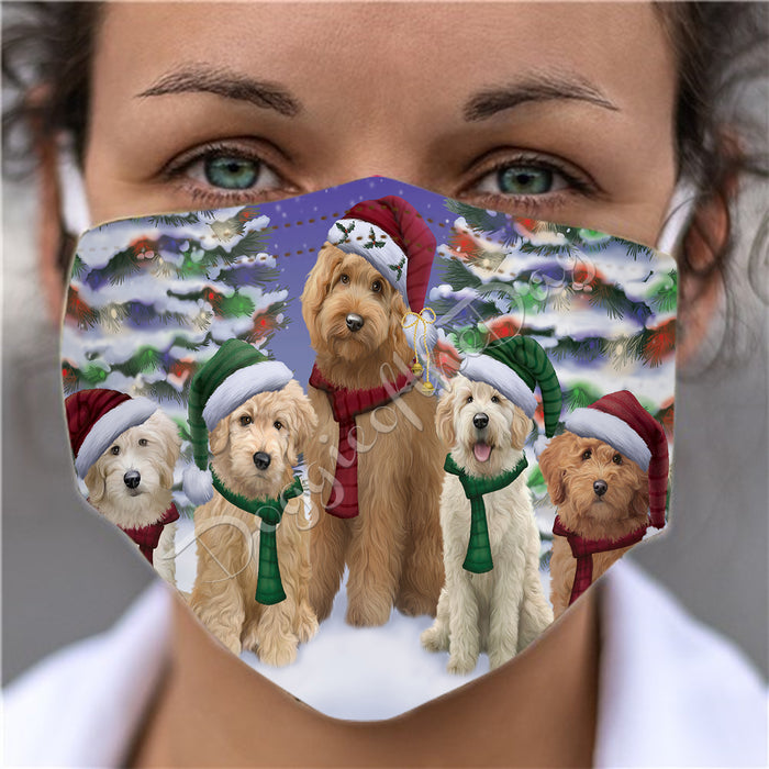 Goldendoodle Dogs Christmas Family Portrait in Holiday Scenic Background Face Mask FM48348