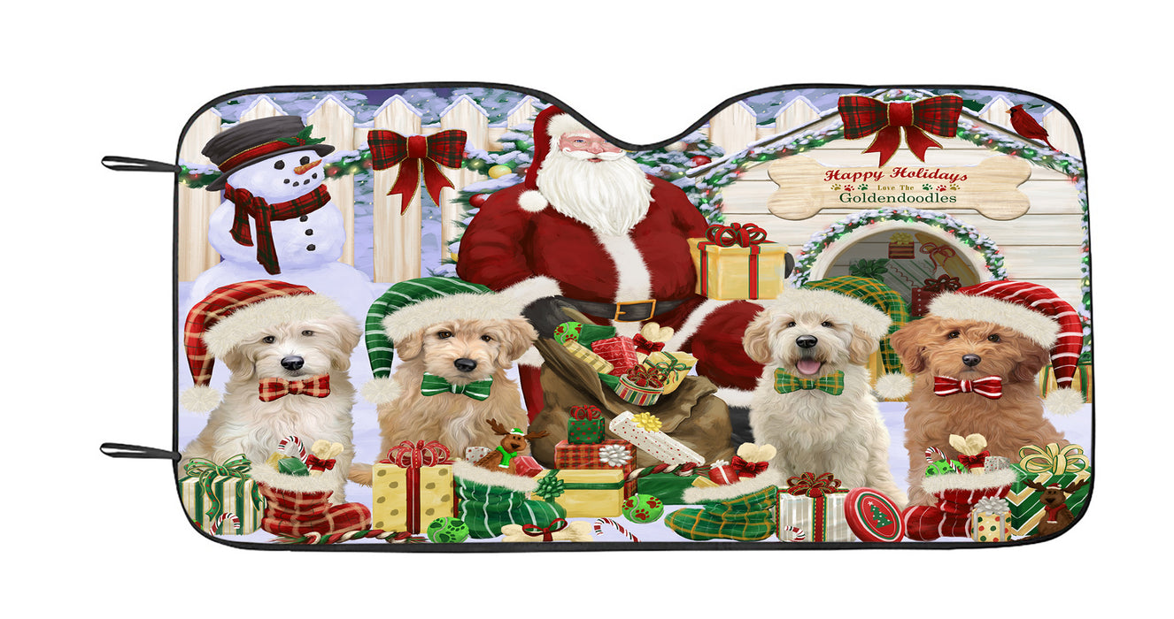 Happy Holidays Christmas Goldendoodle Dogs House Gathering Car Sun Shade