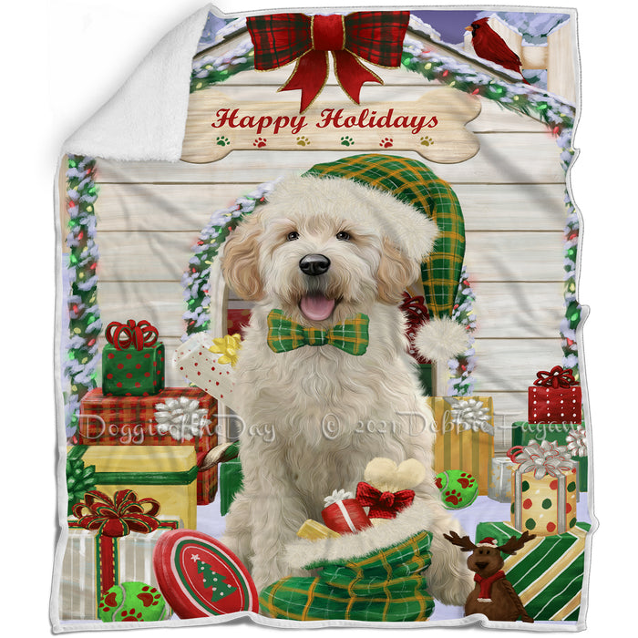 Happy Holidays Christmas Goldendoodle Dog House with Presents Blanket BLNKT142073