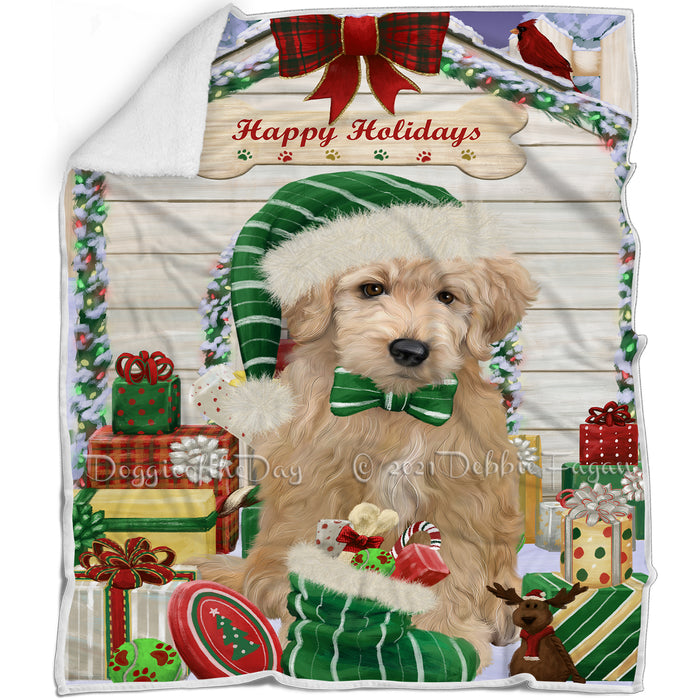 Happy Holidays Christmas Goldendoodle Dog House with Presents Blanket BLNKT142074