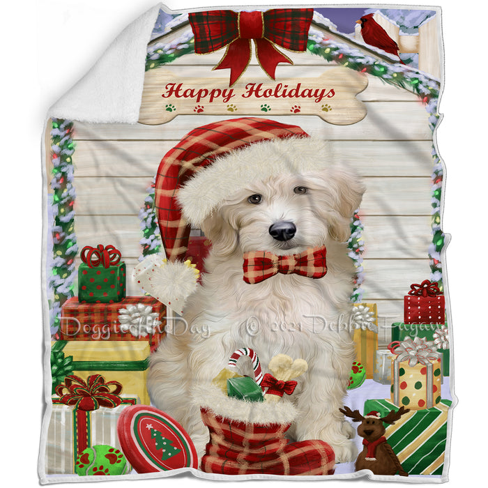 Happy Holidays Christmas Goldendoodle Dog House with Presents Blanket BLNKT142075
