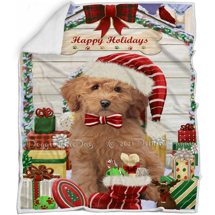 Happy Holidays Christmas Goldendoodle Dog House with Presents Blanket BLNKT142076
