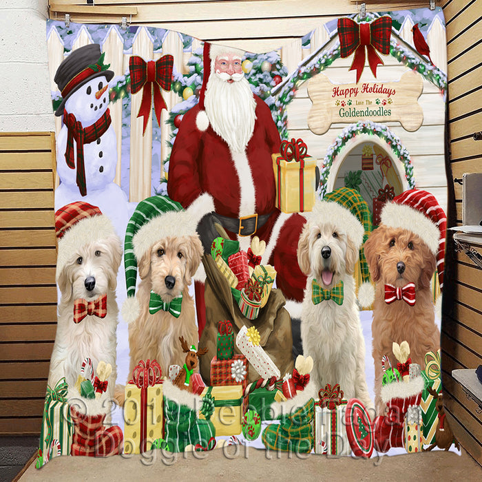 Happy Holidays Christmas Goldendoodle Dogs House Gathering Quilt