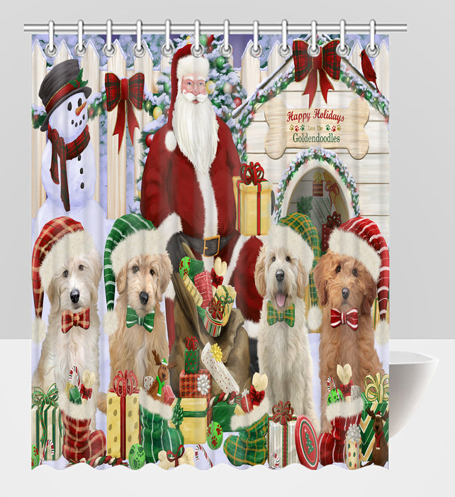 Happy Holidays Christmas Goldendoodle Dogs House Gathering Shower Curtain