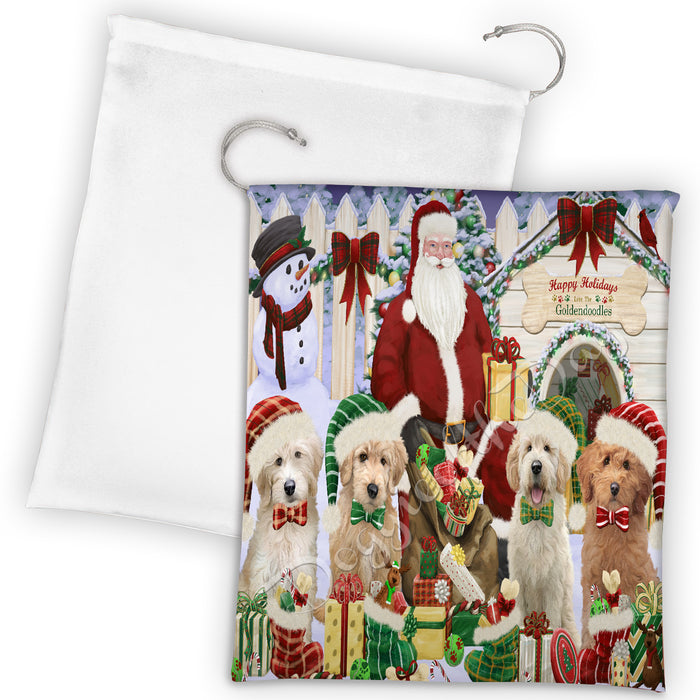 Happy Holidays Christmas Goldendoodle Dogs House Gathering Drawstring Laundry or Gift Bag LGB48049