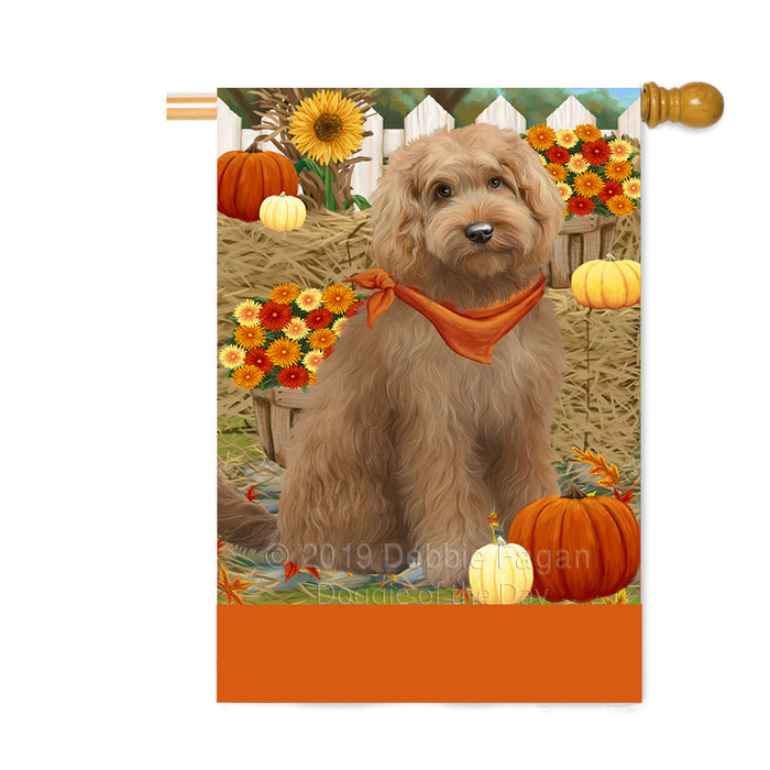 Personalized Fall Autumn Greeting Goldendoodle Dog with Pumpkins Custom House Flag FLG-DOTD-A61980