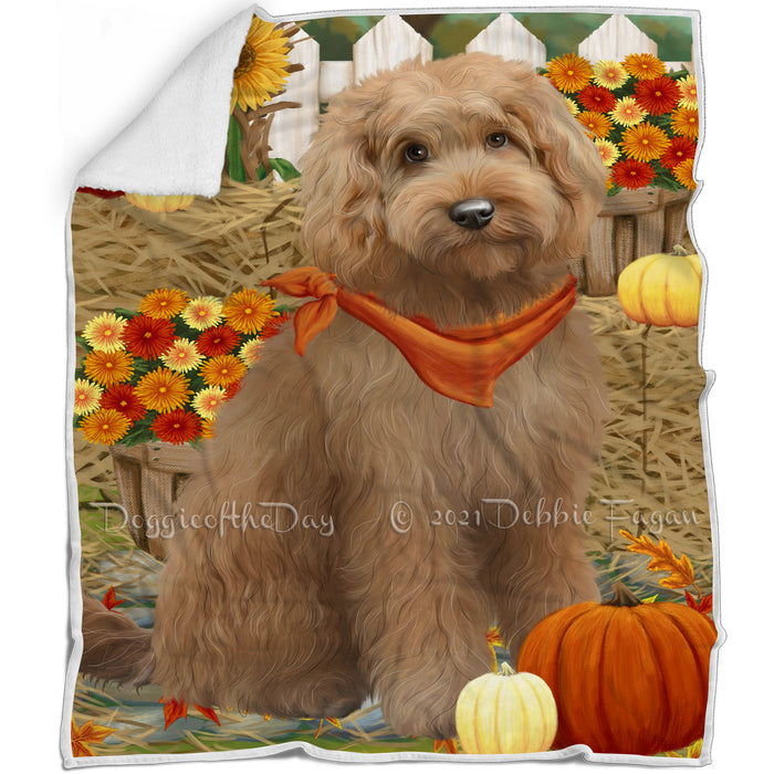 Fall Autumn Greeting Goldendoodle Dog with Pumpkins Blanket BLNKT87222