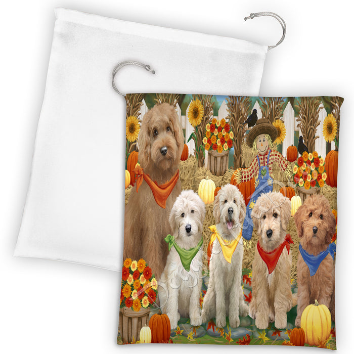 Fall Festive Harvest Time Gathering Goldendoodle Dogs Drawstring Laundry or Gift Bag LGB48407