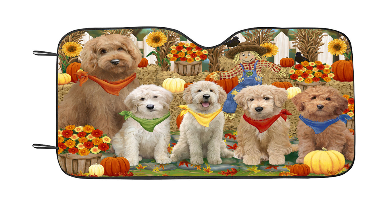 Fall Festive Harvest Time Gathering Goldendoodle Dogs Car Sun Shade