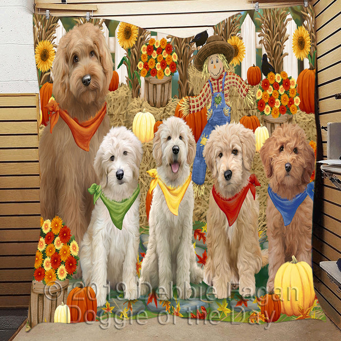 Fall Festive Harvest Time Gathering Goldendoodle Dogs Quilt