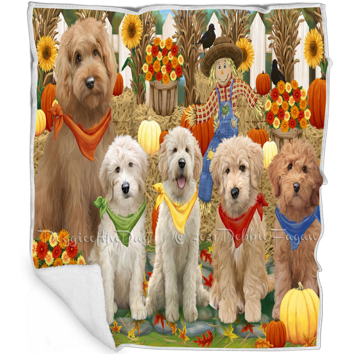 Fall Festive Gathering Goldendoodle Dogs with Pumpkins Blanket BLNKT142409