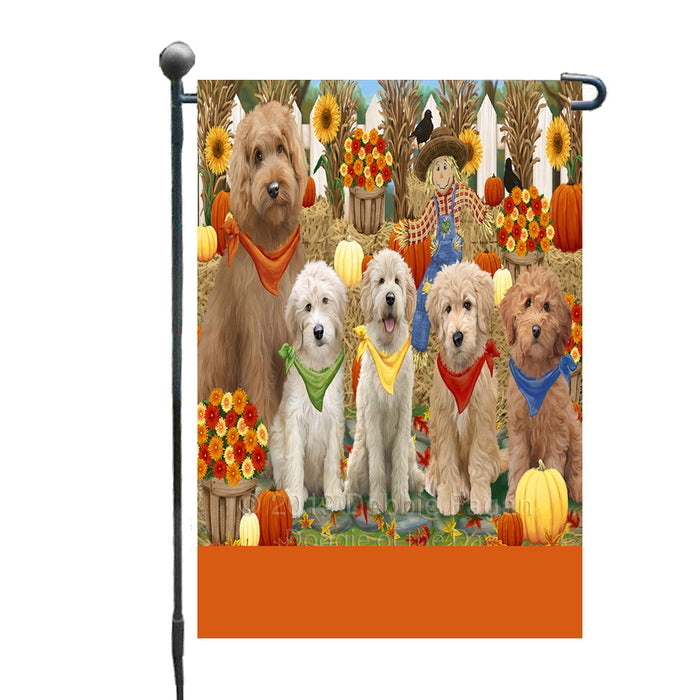 Personalized Fall Festive Gathering Goldendoodle Dogs with Pumpkins Custom Garden Flags GFLG-DOTD-A61925