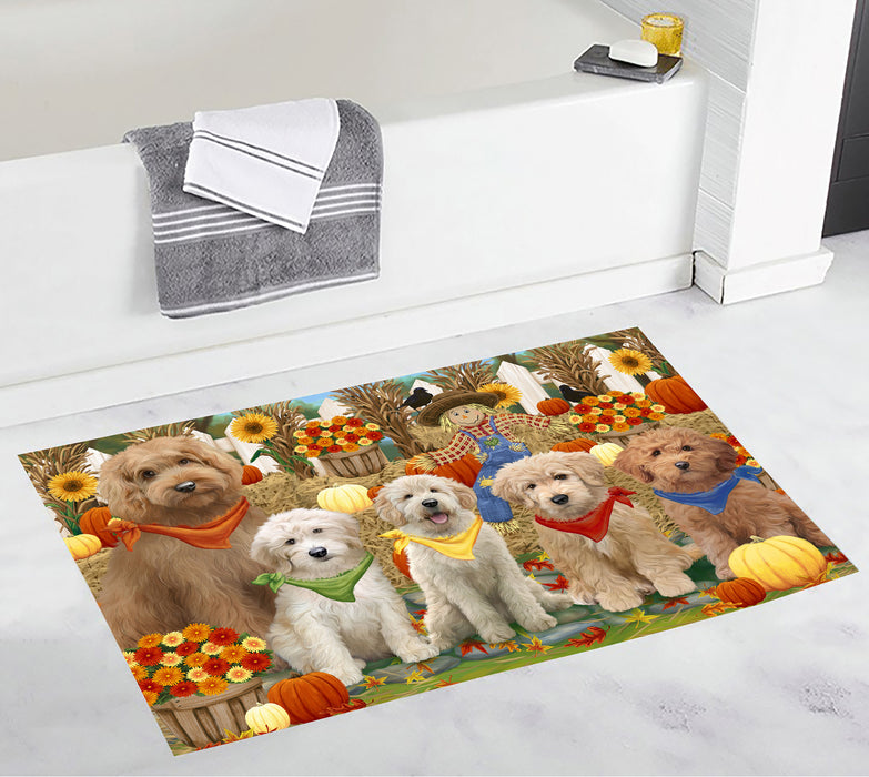 Fall Festive Harvest Time Gathering Goldendoodle Dogs Bath Mat