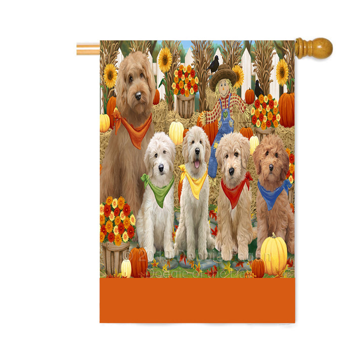 Personalized Fall Festive Gathering Goldendoodle Dogs with Pumpkins Custom House Flag FLG-DOTD-A61981