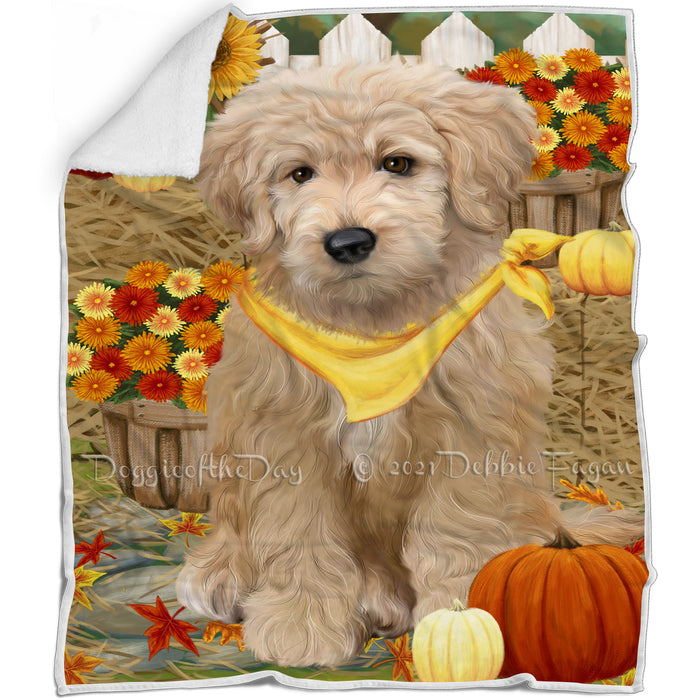 Fall Autumn Greeting Goldendoodle Dog with Pumpkins Blanket BLNKT87231