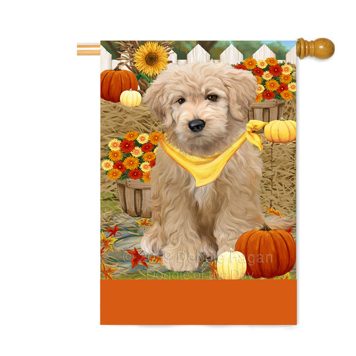 Personalized Fall Autumn Greeting Goldendoodle Dog with Pumpkins Custom House Flag FLG-DOTD-A61982