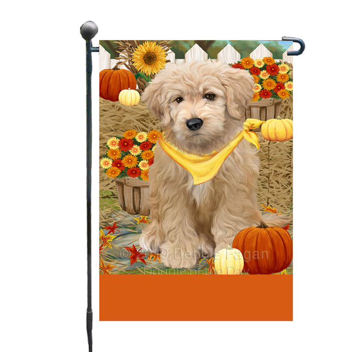 Personalized Fall Autumn Greeting Goldendoodle Dog with Pumpkins Custom Garden Flags GFLG-DOTD-A61926