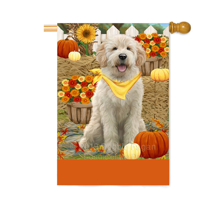 Personalized Fall Autumn Greeting Goldendoodle Dog with Pumpkins Custom House Flag FLG-DOTD-A61983