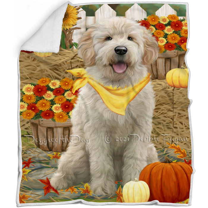 Fall Autumn Greeting Goldendoodle Dog with Pumpkins Blanket BLNKT87240