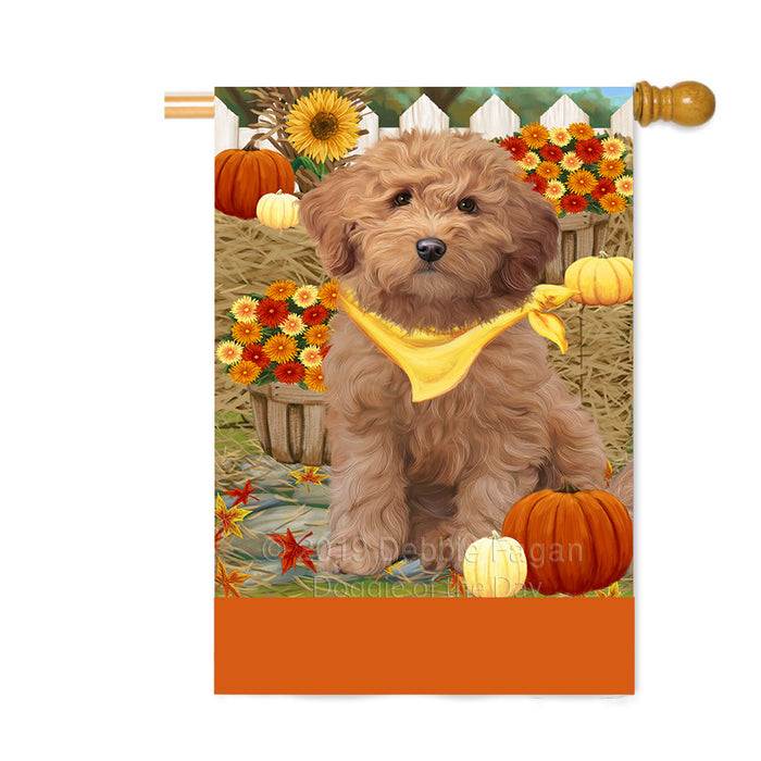 Personalized Fall Autumn Greeting Goldendoodle Dog with Pumpkins Custom House Flag FLG-DOTD-A61984