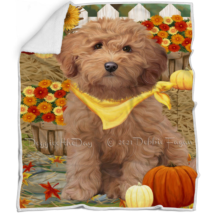 Fall Autumn Greeting Goldendoodle Dog with Pumpkins Blanket BLNKT87249