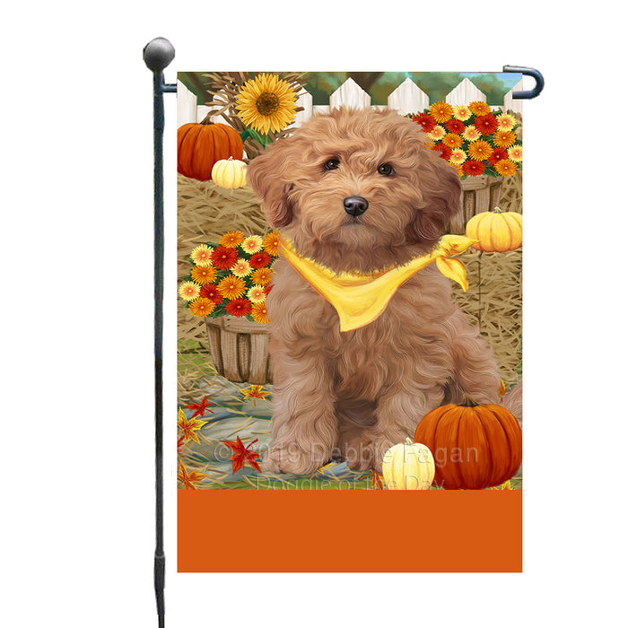 Personalized Fall Autumn Greeting Goldendoodle Dog with Pumpkins Custom Garden Flags GFLG-DOTD-A61928