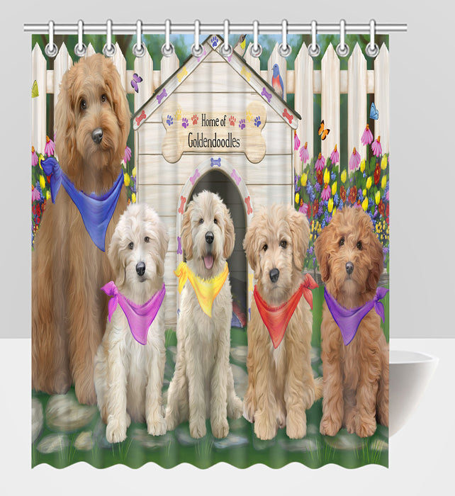 Spring Dog House Goldendoodle Dogs Shower Curtain