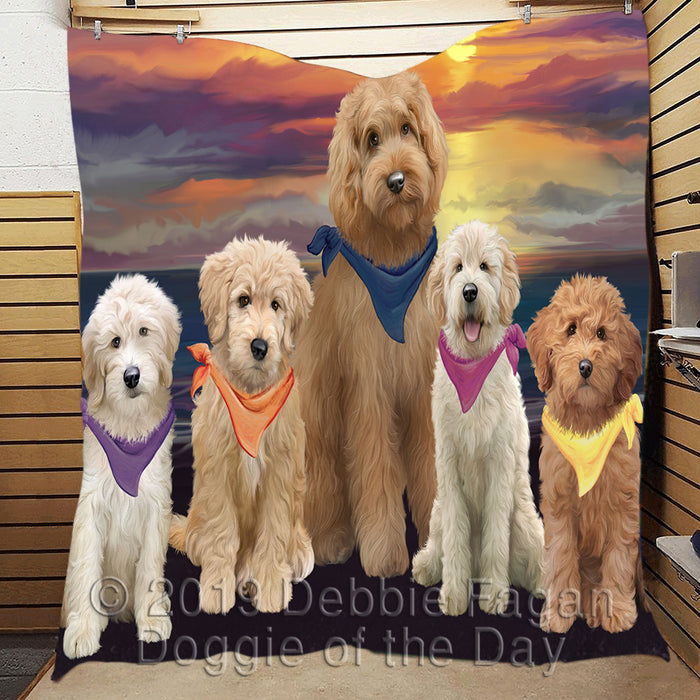 Family Sunset Portrait Goldendoodle Dogs Quilt