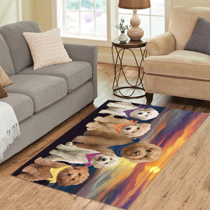 Family Sunset Portrait Goldendoodle Dogs Area Rug