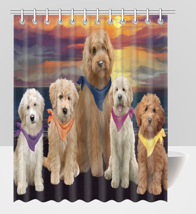 Family Sunset Portrait Goldendoodle Dogs Shower Curtain