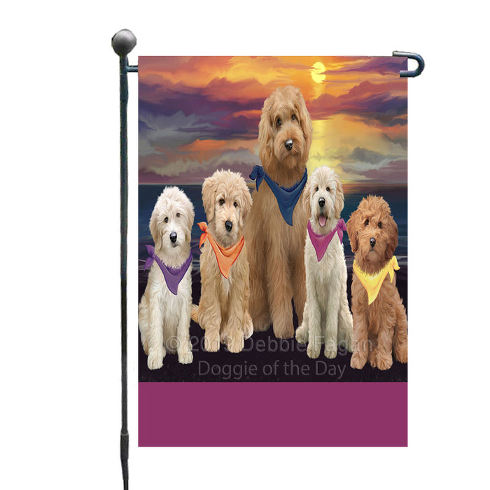 Personalized Family Sunset Portrait Goldendoodle Dogs Custom Garden Flags GFLG-DOTD-A60602
