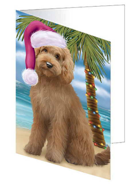 Summertime Happy Holidays Christmas Goldendoodle Dog on Tropical Island Beach Handmade Artwork Assorted Pets Greeting Cards and Note Cards with Envelopes for All Occasions and Holiday Seasons GCD67697