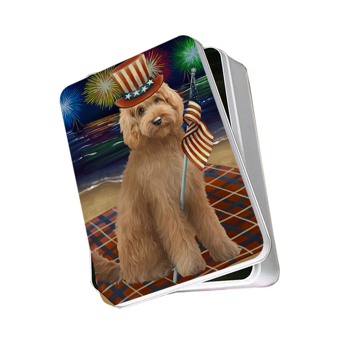 4th of July Independence Day Firework Goldendoodle Dog Photo Storage Tin PITN52091