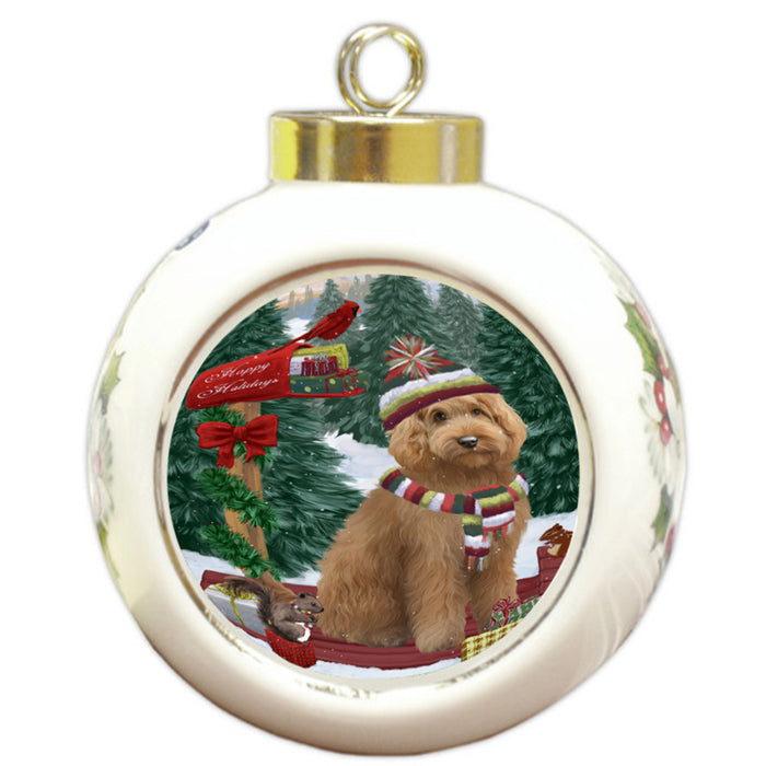 Merry Christmas Woodland Sled Goldendoodle Dog Round Ball Christmas Ornament RBPOR55291