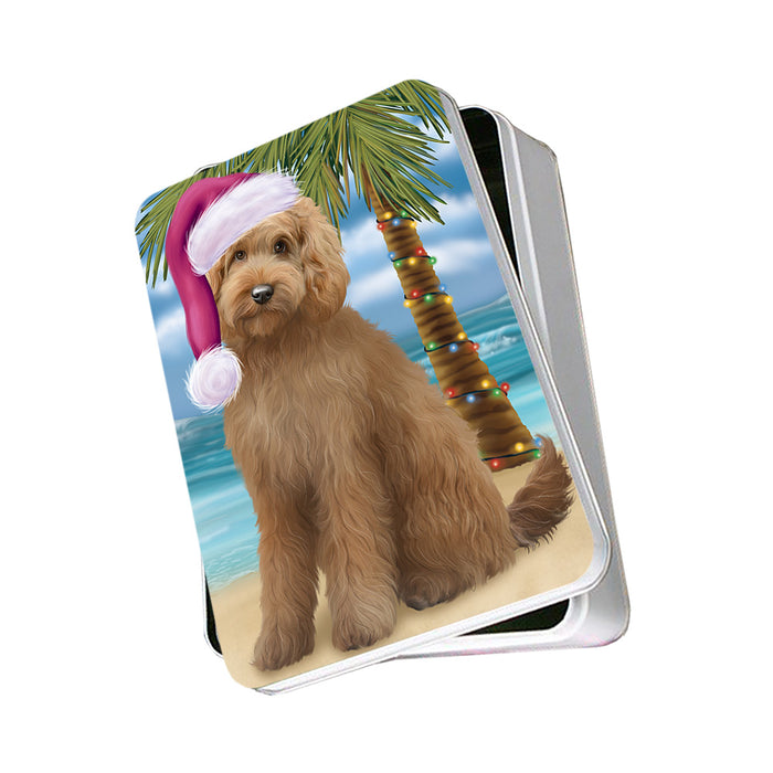 Summertime Happy Holidays Christmas Goldendoodle Dog on Tropical Island Beach Photo Storage Tin PITN54371