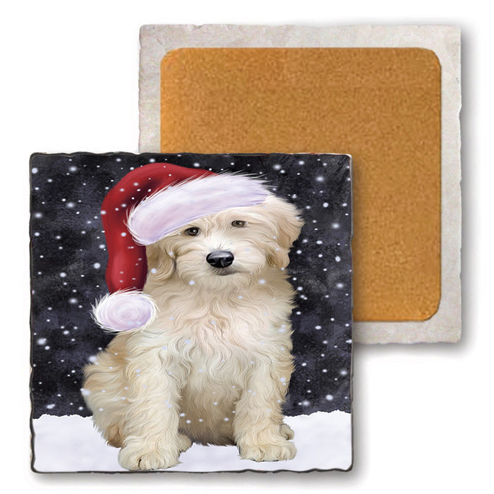 Let it Snow Christmas Holiday Goldendoodle Dog Wearing Santa Hat Set of 4 Natural Stone Marble Tile Coasters MCST49294