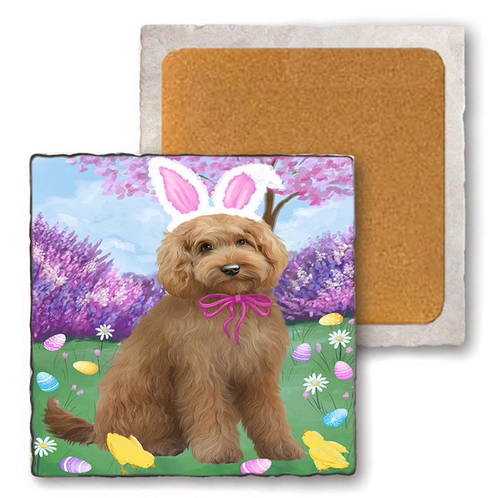 Easter Holiday Goldendoodle Dog Set of 4 Natural Stone Marble Tile Coasters MCST51899