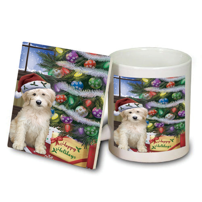 Christmas Happy Holidays Goldendoodle Dog with Tree and Presents Mug and Coaster Set MUC53448