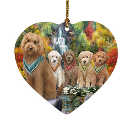 Scenic Waterfall Goldendoodles Dog Heart Christmas Ornament HPOR51890