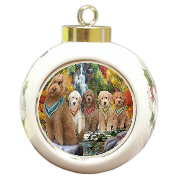 Scenic Waterfall Goldendoodles Dog Round Ball Christmas Ornament RBPOR51890