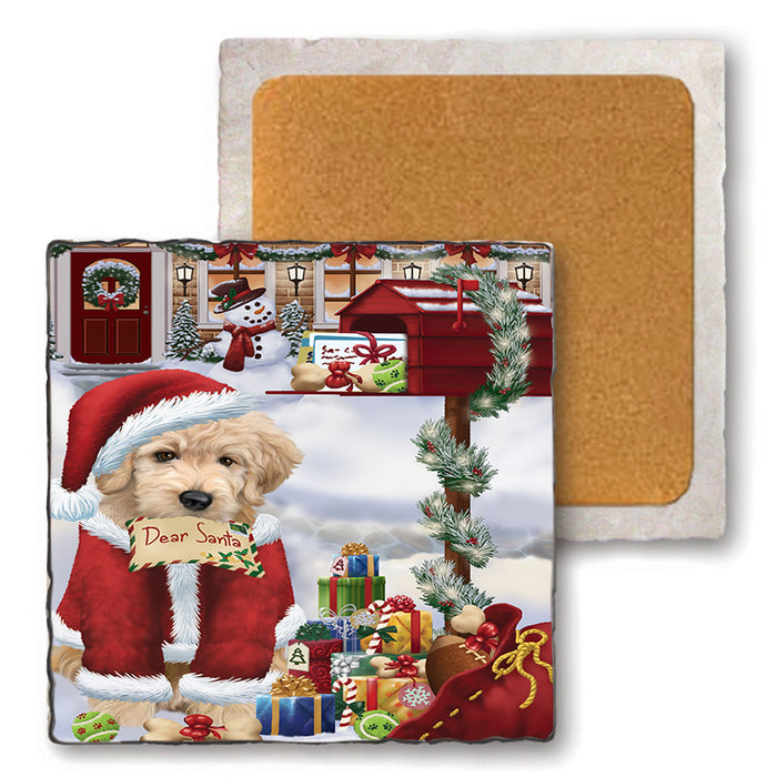 Goldendoodle Dog Dear Santa Letter Christmas Holiday Mailbox Set of 4 Natural Stone Marble Tile Coasters MCST48537